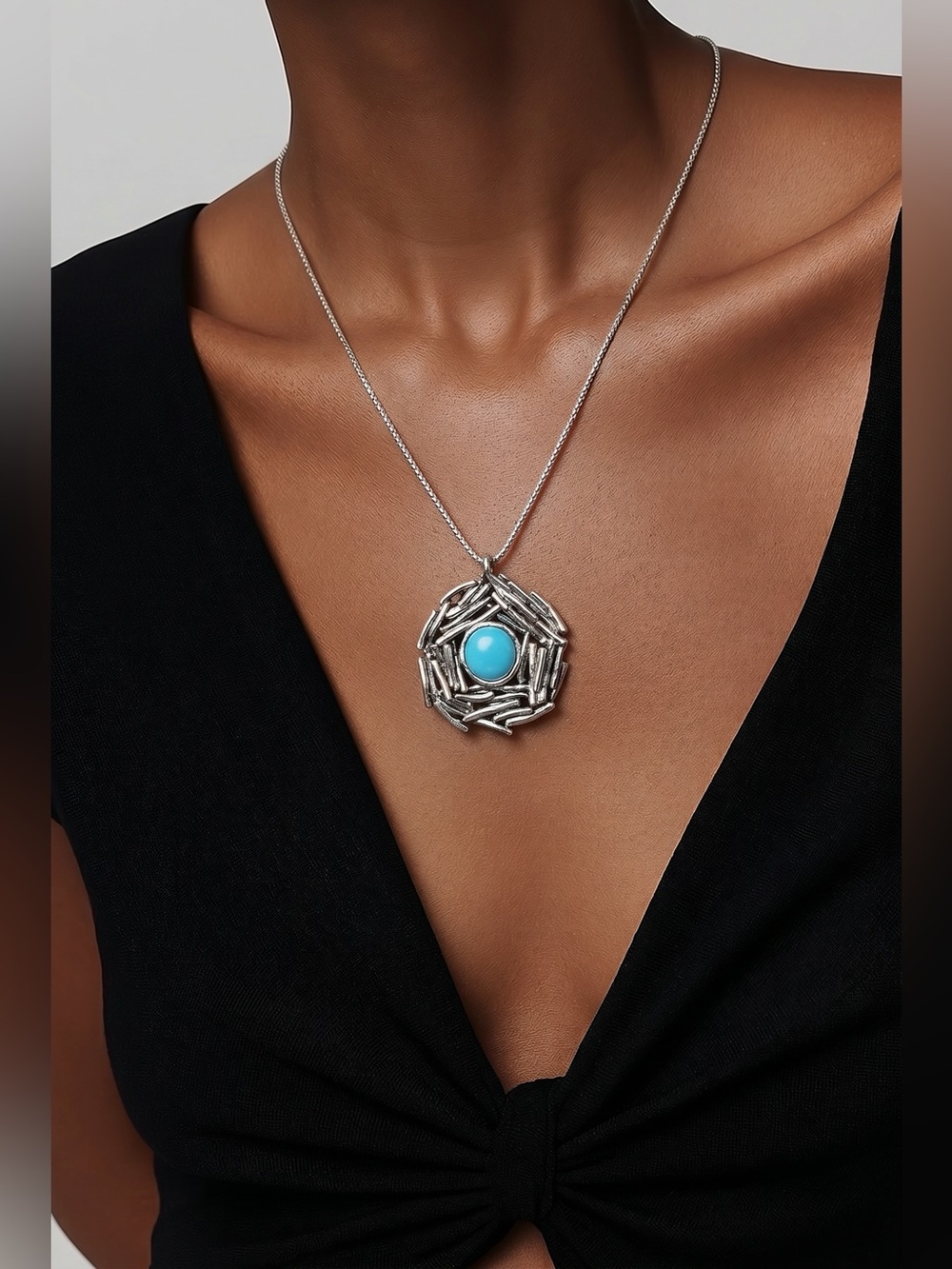 VTG PAZ 925 Sterling Turquoise Birds Nest Pendant 18” Sterling Necklace Israel